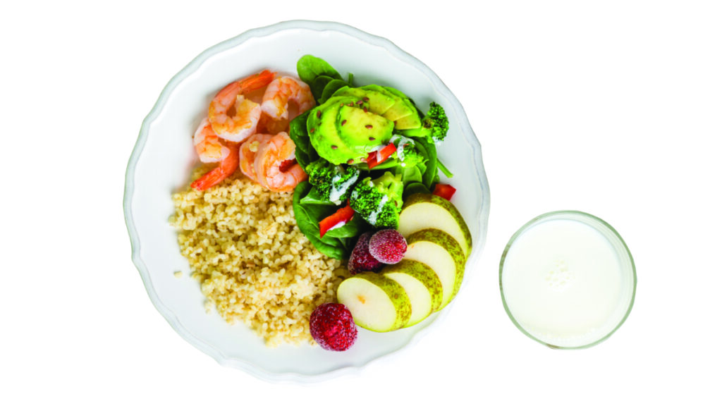 Performance Plate with shrimp, rice, avocado, and squash.